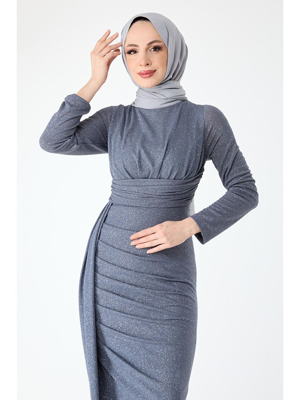 Hakim Yaka Kadın Antrasit Abiye Elbise - 24397-3