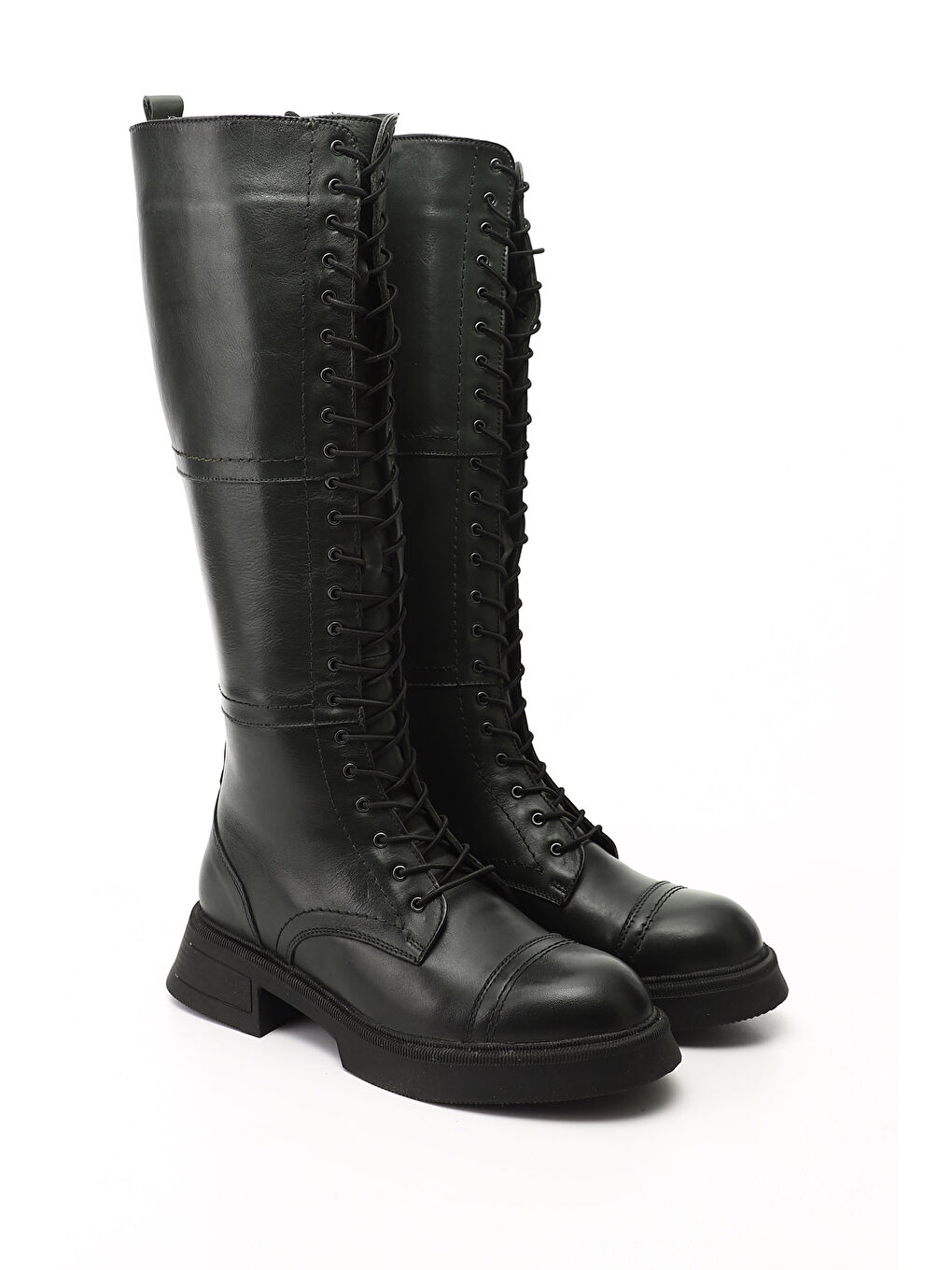 Kadın HAKİ-YEŞİL Fermuarlı Kalın Topuklu Hakiki Deri Postal Çizme-1