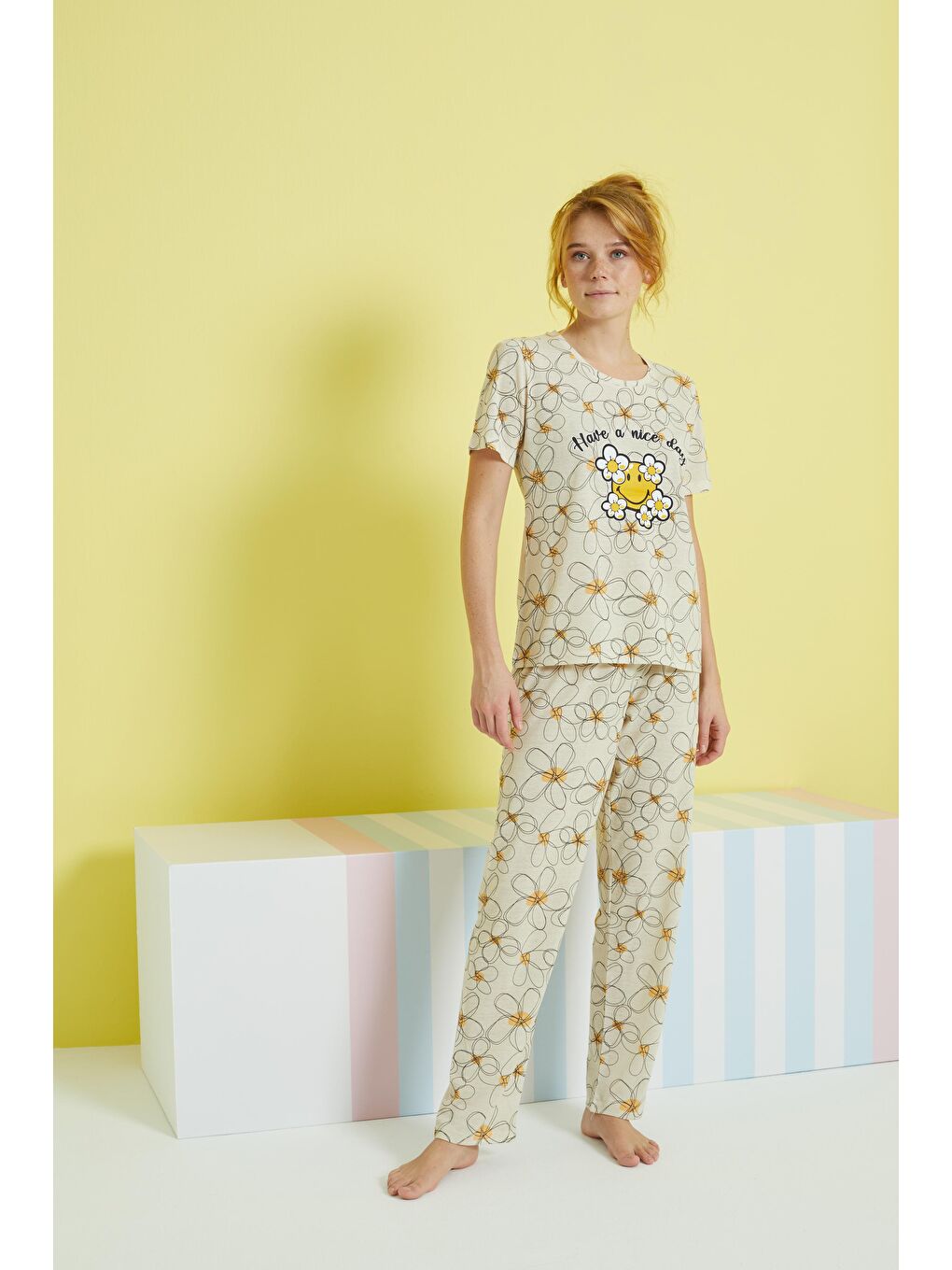 Ekru Krem Örme Pijama Takım