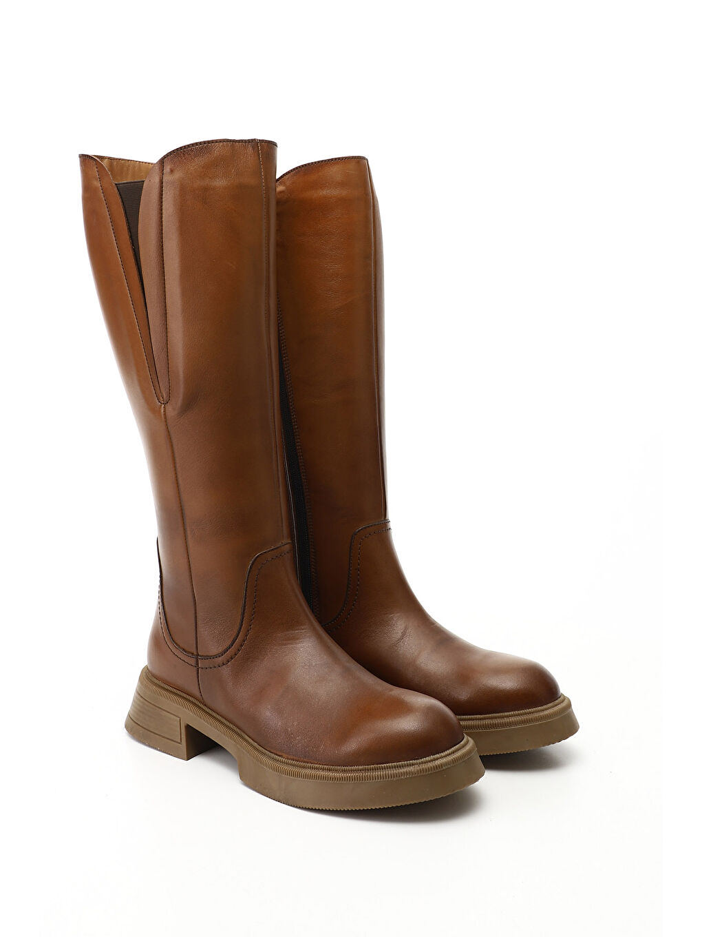 Kahverengi Kadın KAHVERENGİ-TABA Fermuarlı Kalın Topuklu Hakiki Deri Çizme-1