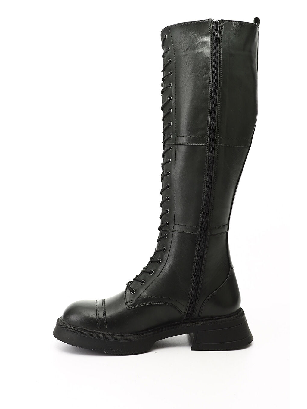 Kadın HAKİ-YEŞİL Fermuarlı Kalın Topuklu Hakiki Deri Postal Çizme-2