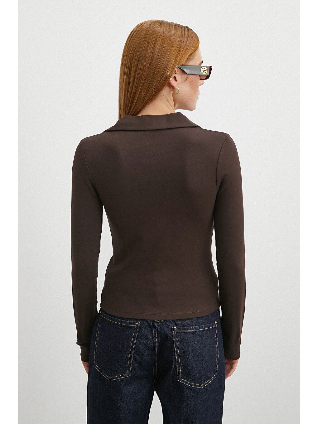 Karışık Yakalı Çift Fermuarlı Bluz Kahve-5