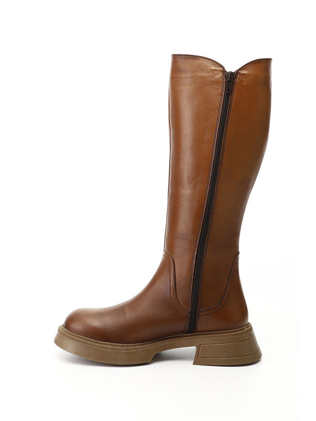 Kahverengi Kadın KAHVERENGİ-TABA Fermuarlı Kalın Topuklu Hakiki Deri Çizme-2