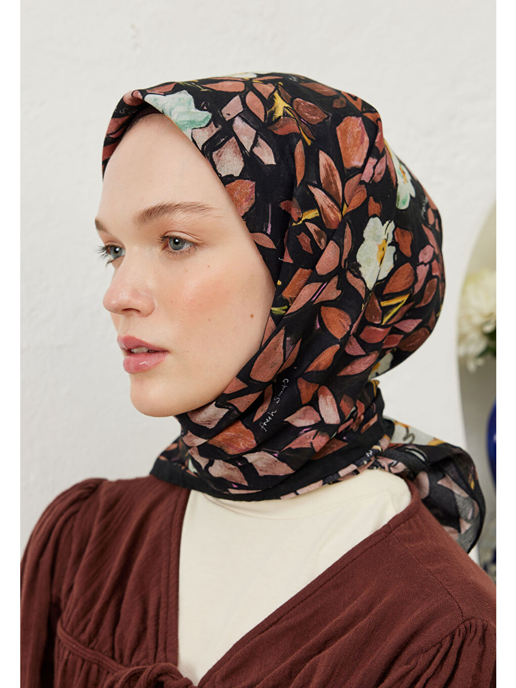 Pembe Emma Desen Pamuk Vual Eşarp Gülkurusu-3