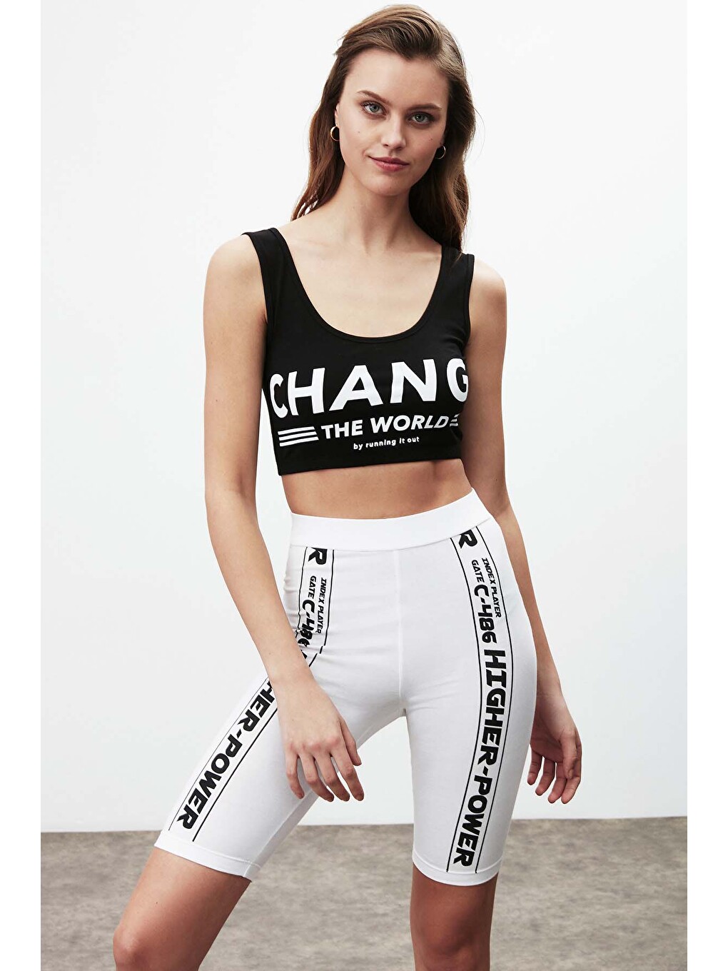 Force Kadın Slogan Baskı Detaylı Diz Üstü Spor Slim Fit Beyaz Tayt-4