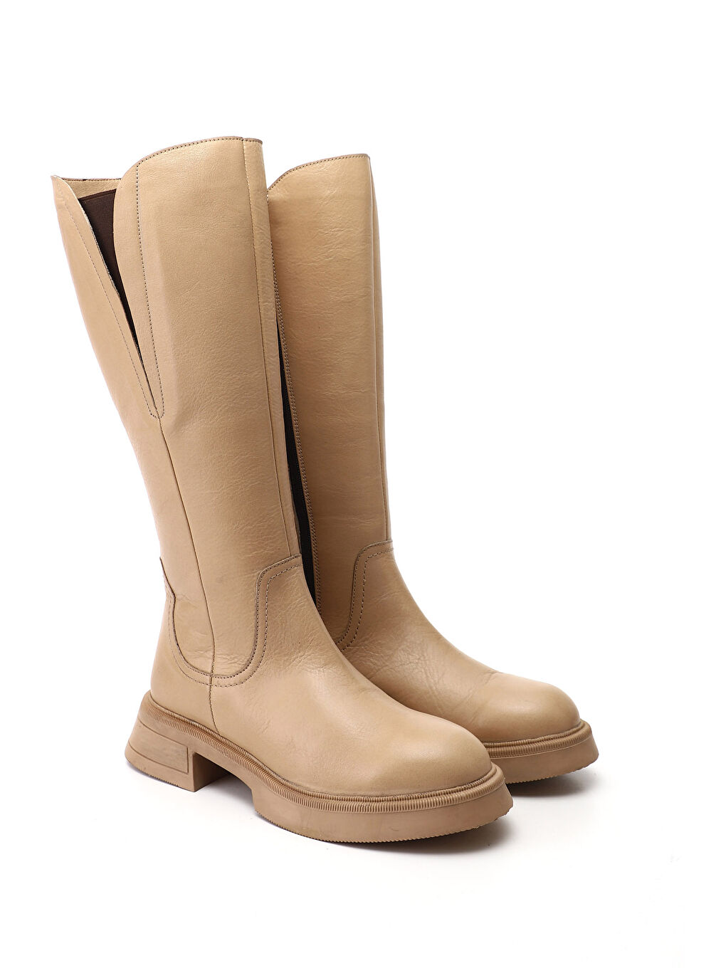 Bej Kadın AÇIK NUDE Fermuarlı Kalın Topuklu Hakiki Deri Çizme-1
