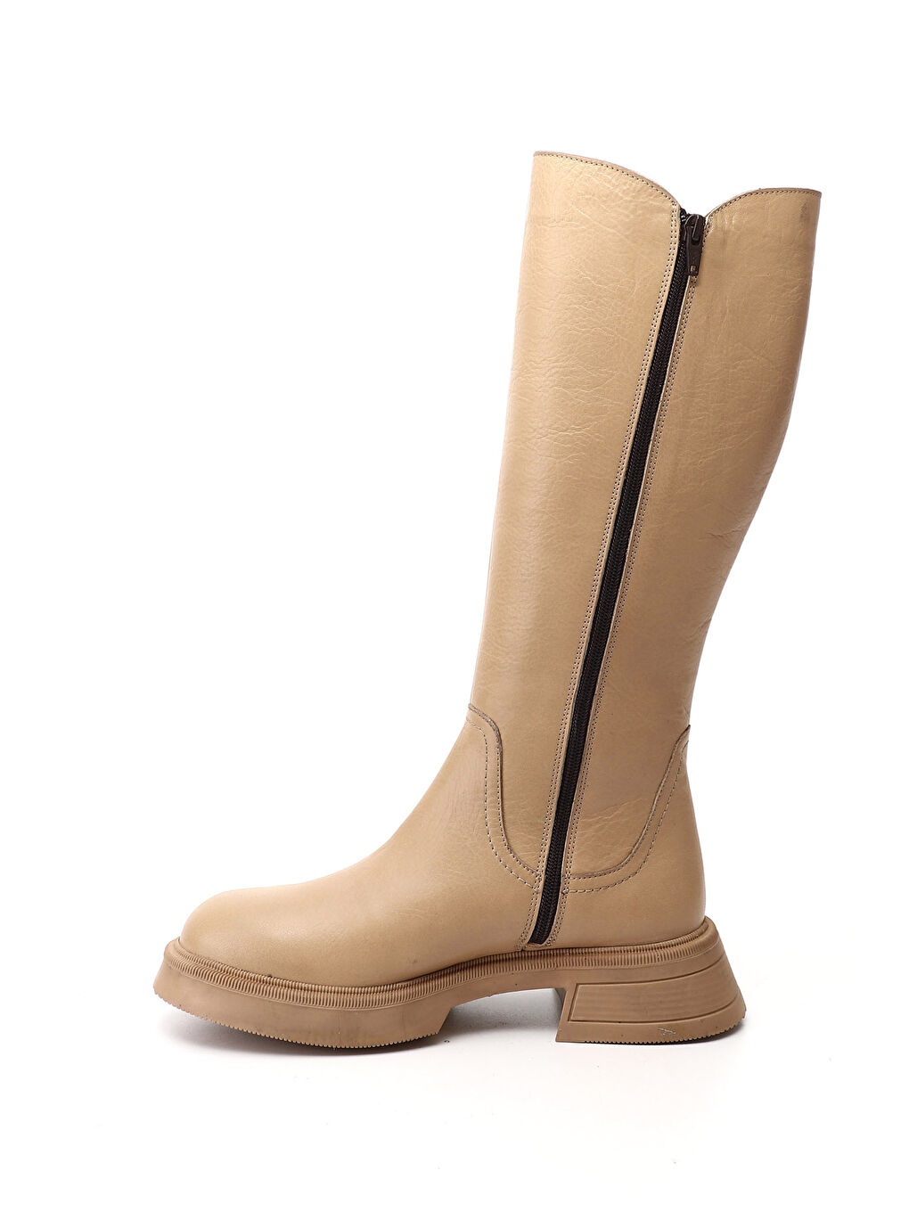 Bej Kadın AÇIK NUDE Fermuarlı Kalın Topuklu Hakiki Deri Çizme-2