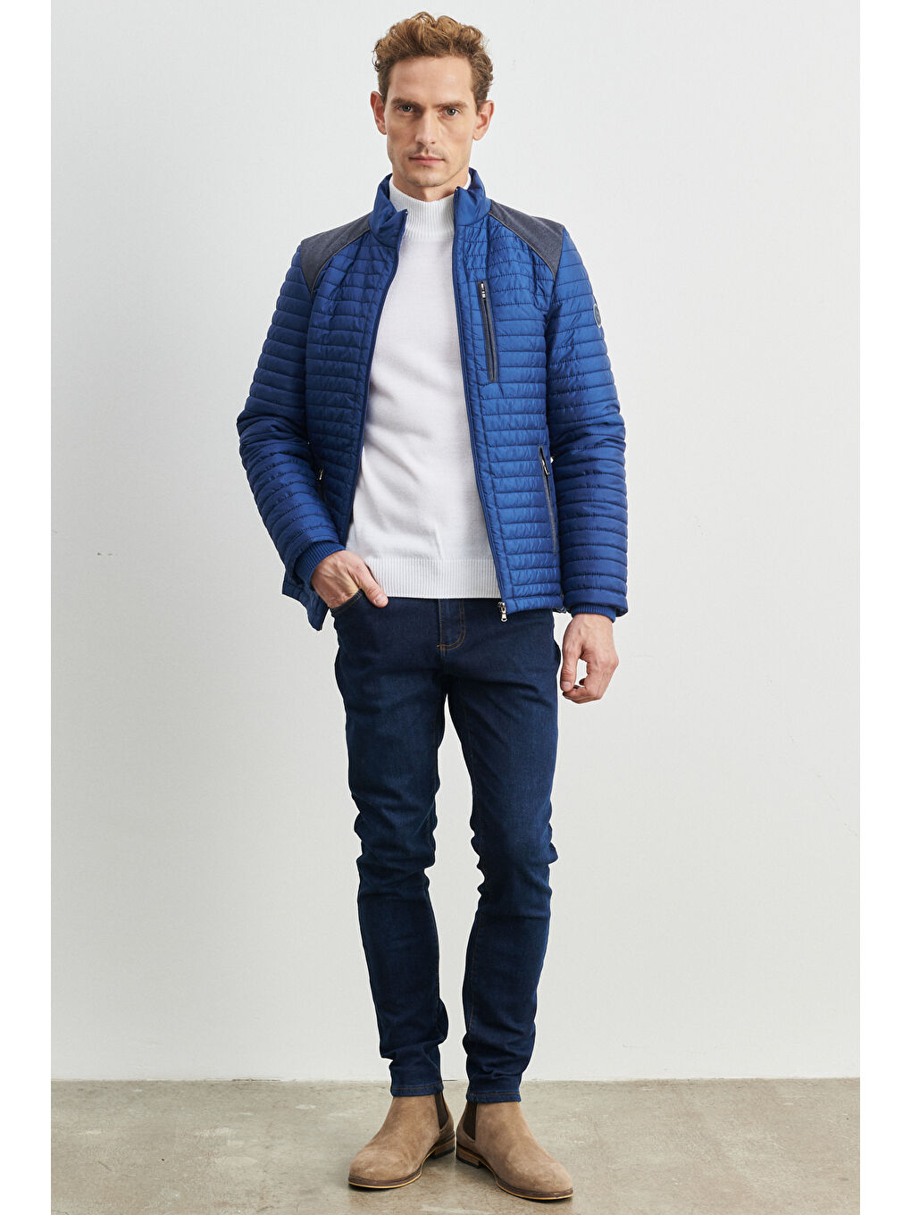 Erkek İndigo Standart Fit Normal Kesim Soğuk Hava Geçirmez Desenli Şişme Mont-1