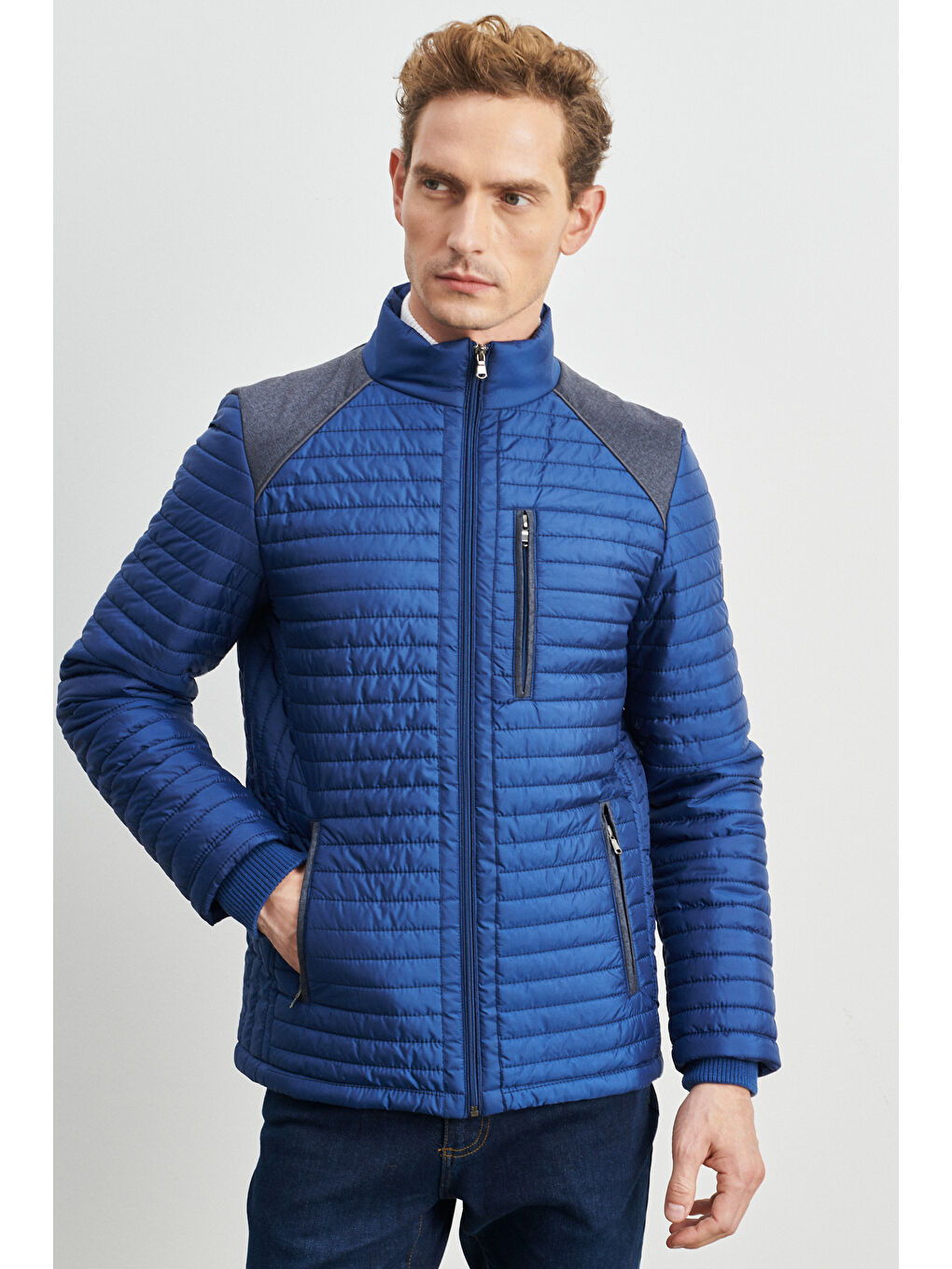 Erkek İndigo Standart Fit Normal Kesim Soğuk Hava Geçirmez Desenli Şişme Mont-2