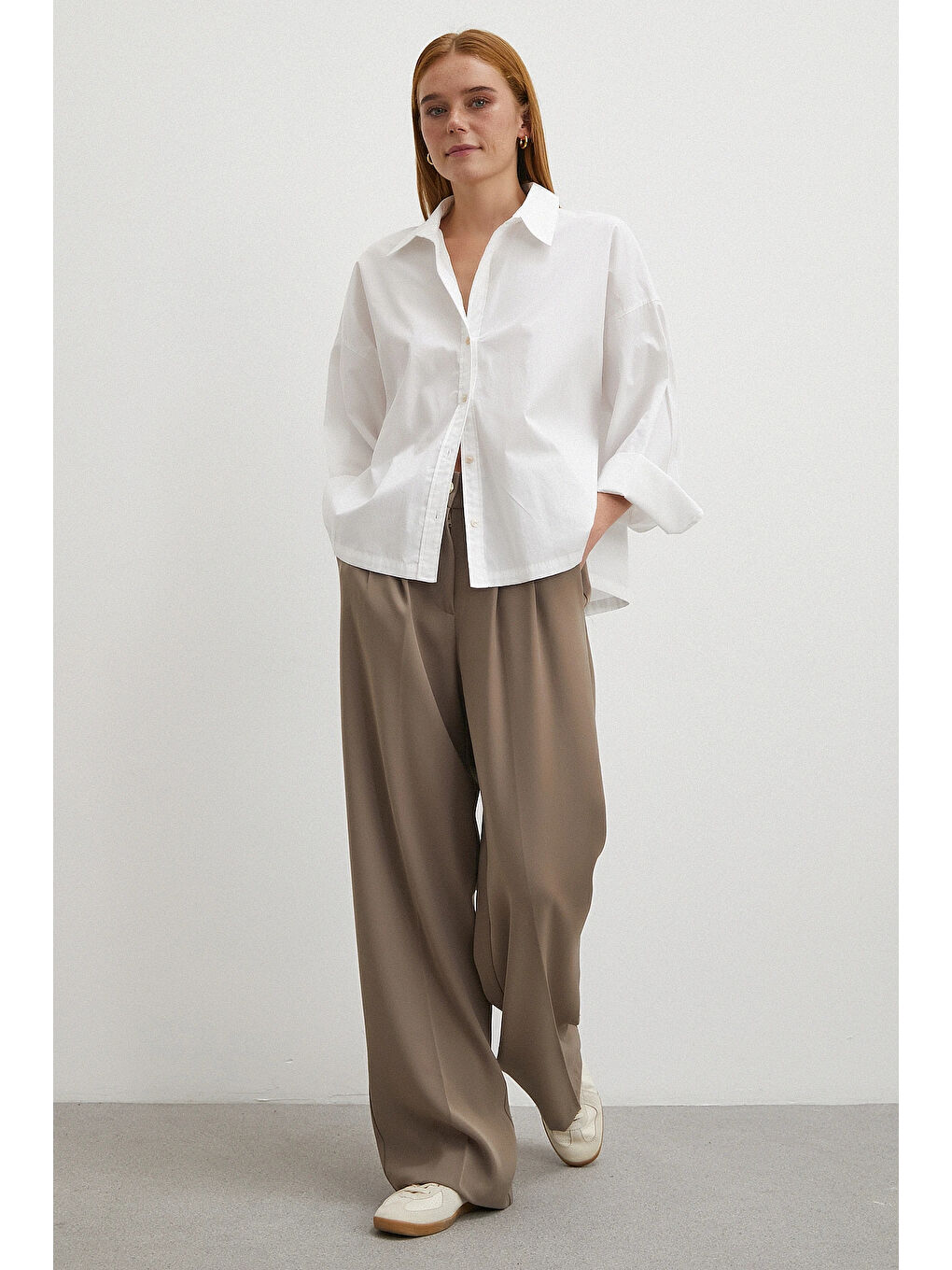 Bej Beli Lastikli Pileli Geniş Paça Pantolon Vizon-1