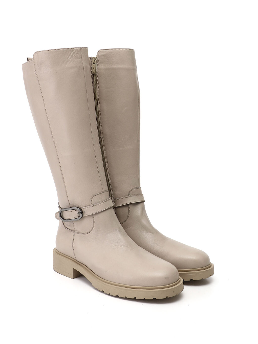 Bej Kadın YENİ BEJ Fermuarlı Kalın Topuklu Hakiki Deri Çizme-1