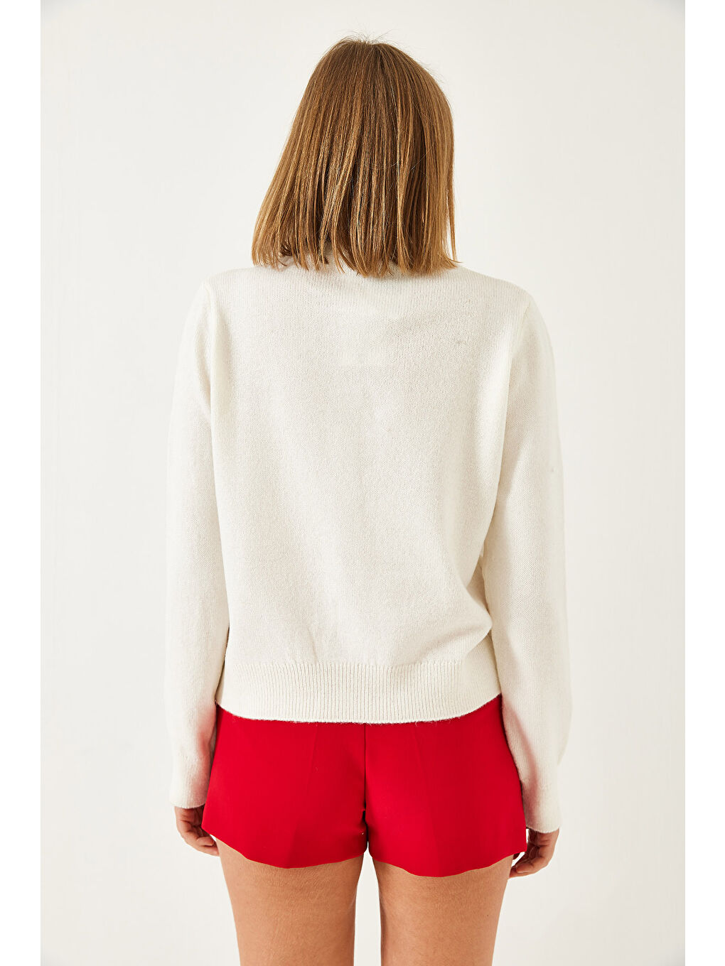 Ekru Kadın Kalp Düğmeli Triko Hırka-3