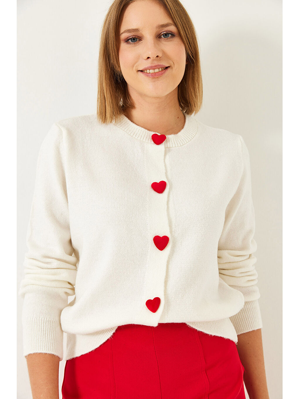 Ekru Kadın Kalp Düğmeli Triko Hırka-7