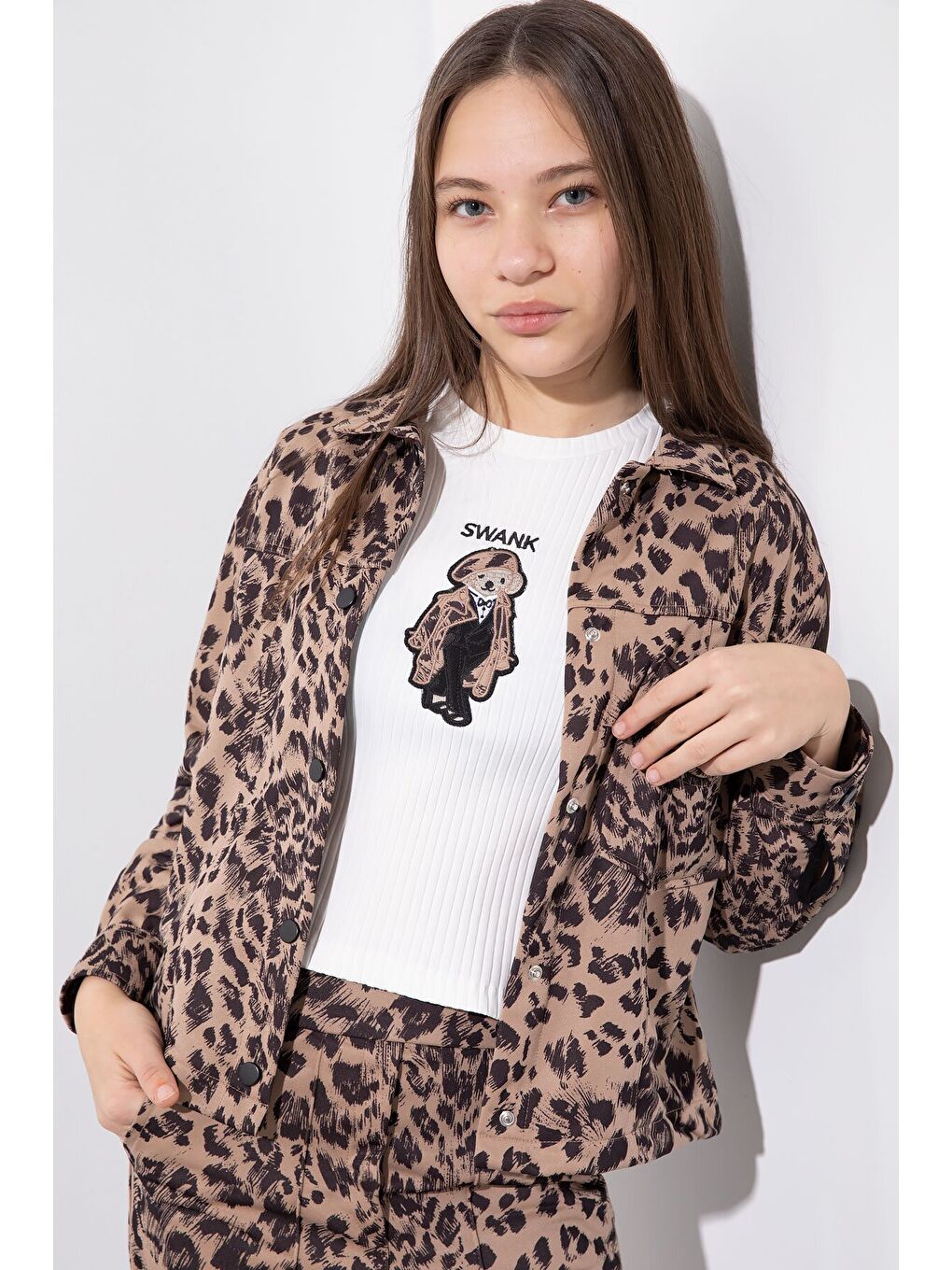 Kahverengi Leopar Desenli Ceketli ve Pantolonlu Kız Çocuk Badili 3lü Takım 23548-1