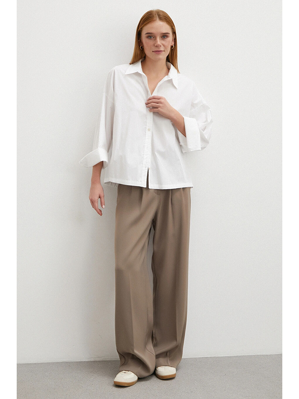 Bej Beli Lastikli Pileli Geniş Paça Pantolon Vizon-3