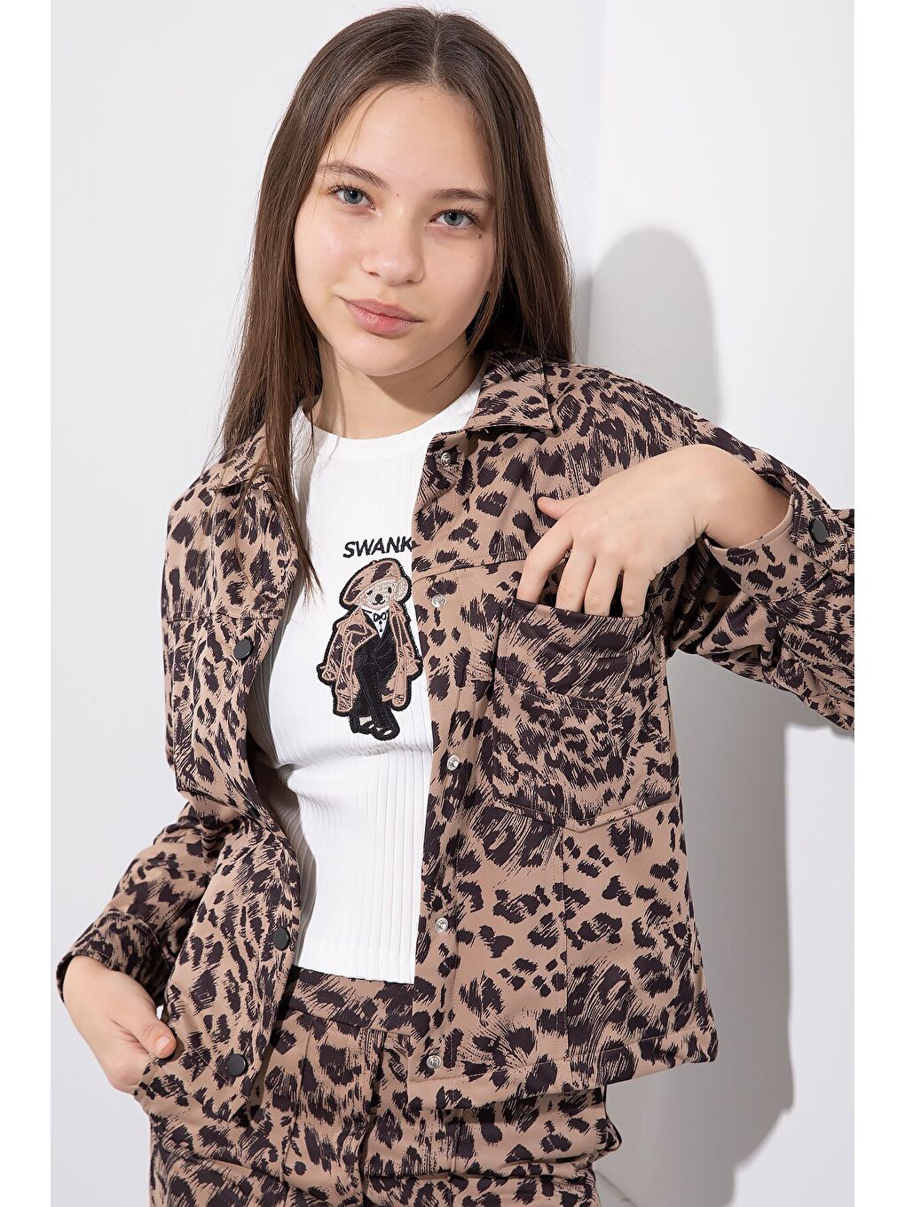 Kahverengi Leopar Desenli Ceketli ve Pantolonlu Kız Çocuk Badili 3lü Takım 23548-3