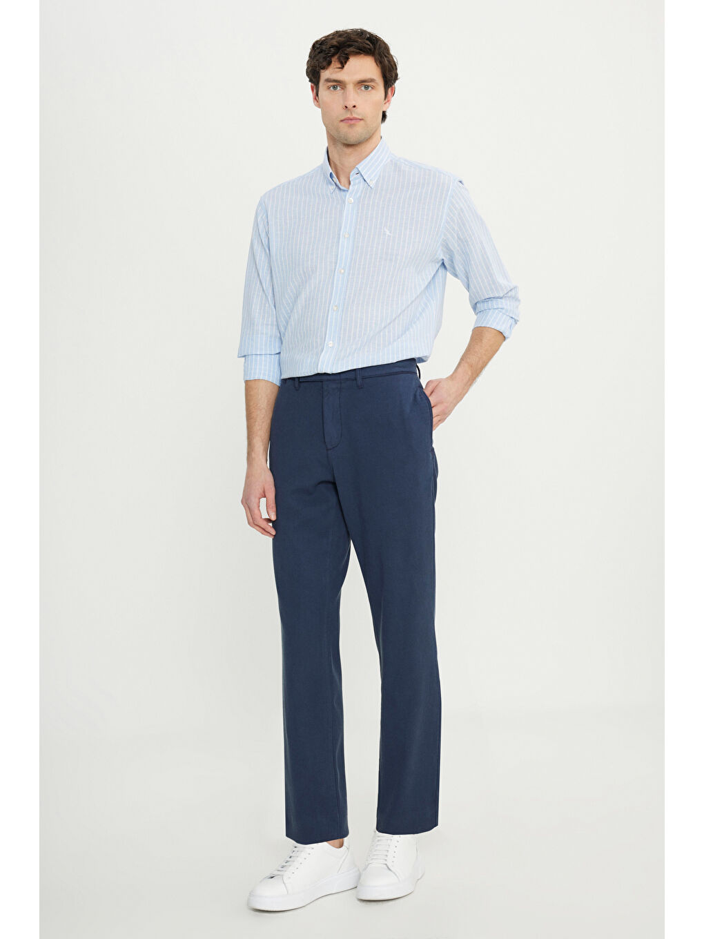 Erkek Lacivert Pamuklu Comfort Fit Yan Cepli Armürlü Casual Esnek Pantolon-2