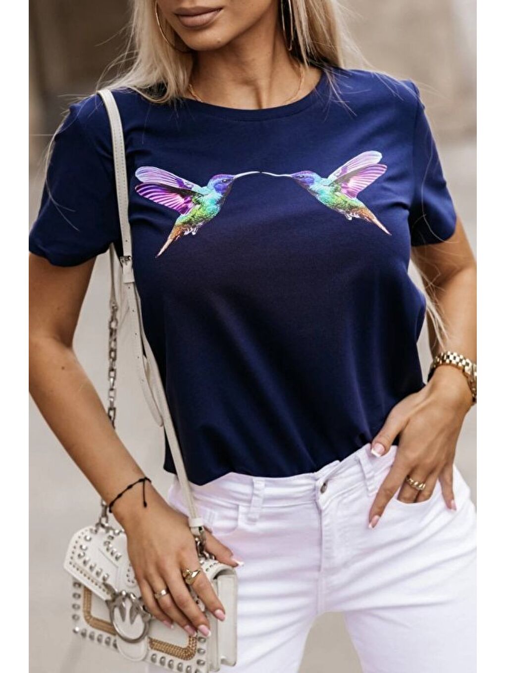 Lacivert Kadın Kuş Desenli Süprem T-shirt-1