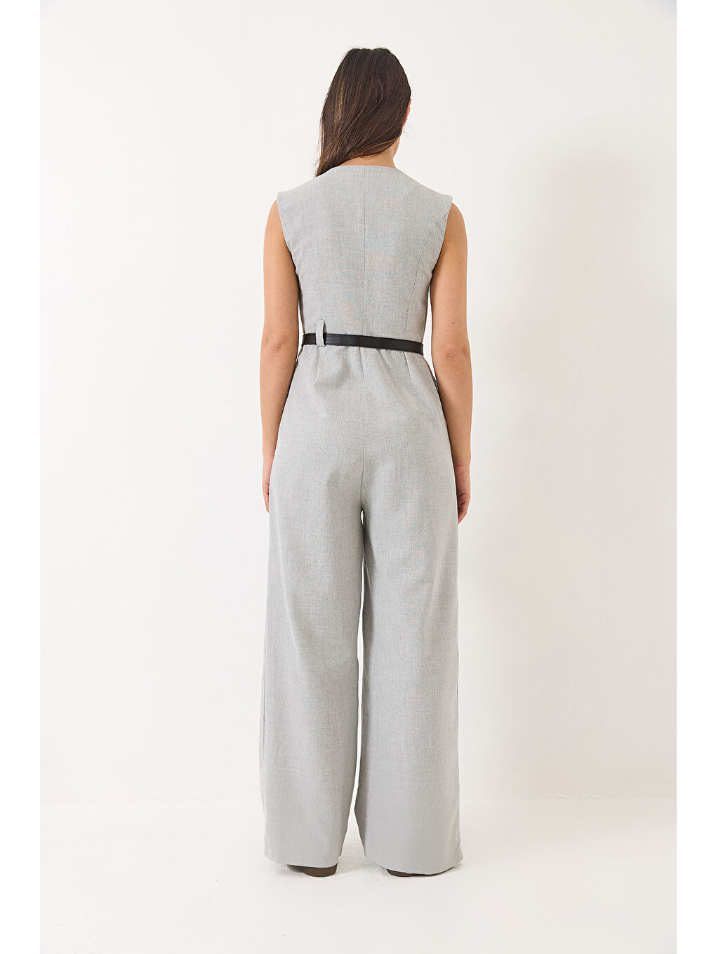 Gri Kadın V Yaka Kemerli Cepli Geniş Paça Tulum-6