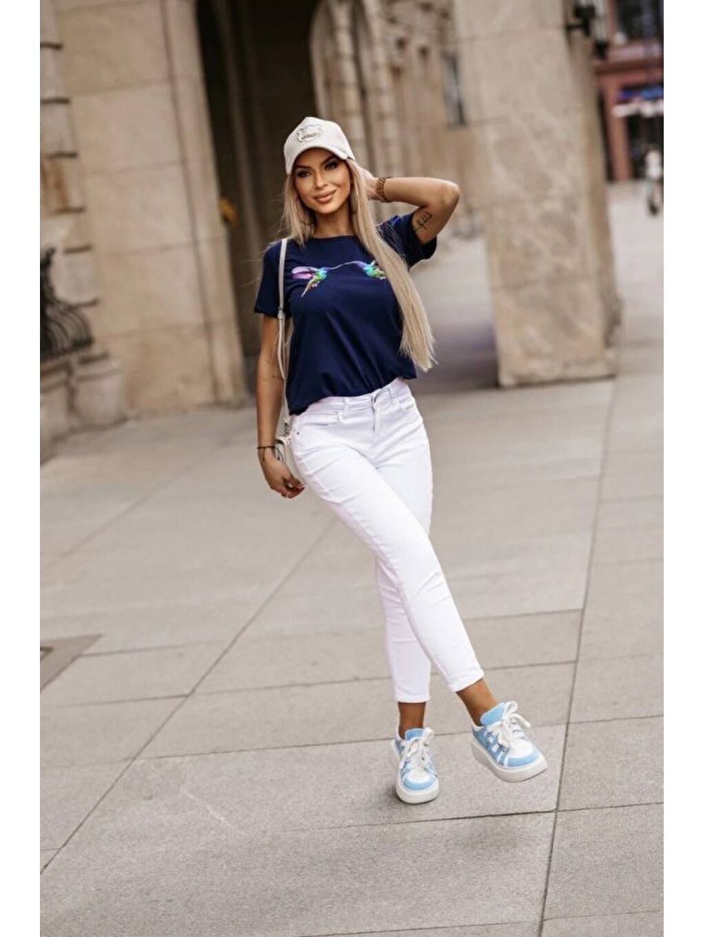 Lacivert Kadın Kuş Desenli Süprem T-shirt-2