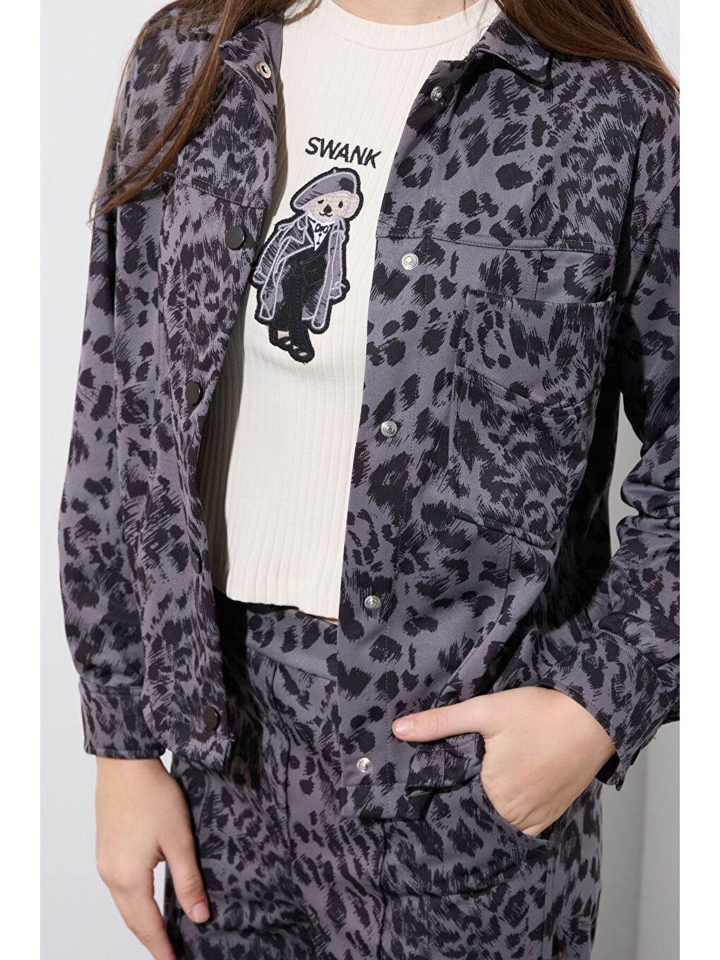 Antrasit Leopar Desenli Ceketli ve Pantolonlu Kız Çocuk Badili 3lü Takım 23549-1