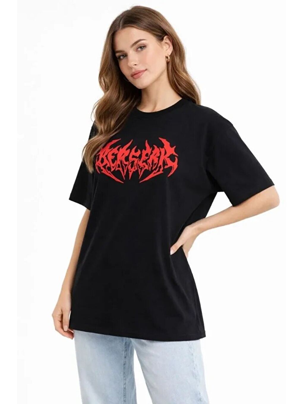 Baskılı T-Shirt Yazlık Kısa Kol Bisiklet Yaka Rahat Kalıp Tişört - Siyah-1