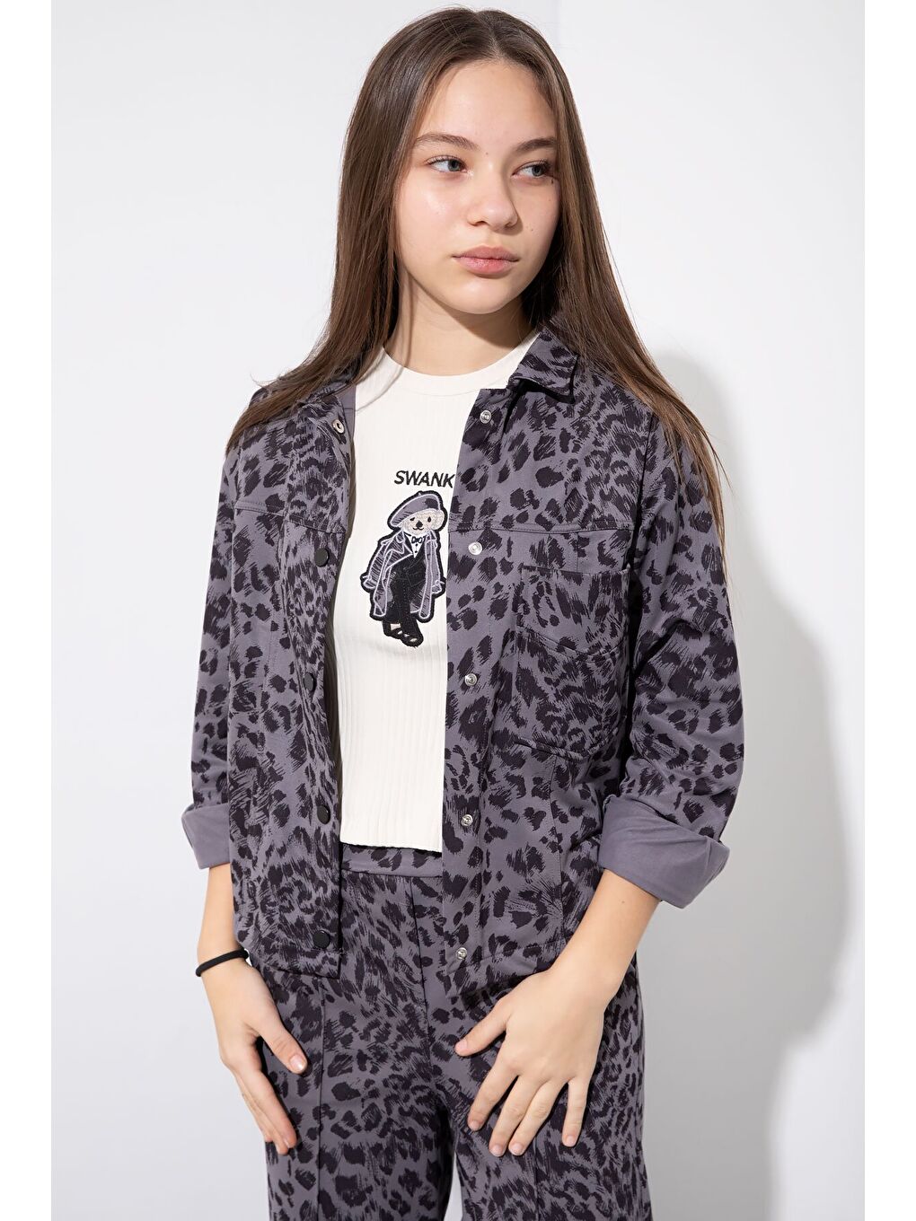 Antrasit Leopar Desenli Ceketli ve Pantolonlu Kız Çocuk Badili 3lü Takım 23549-2