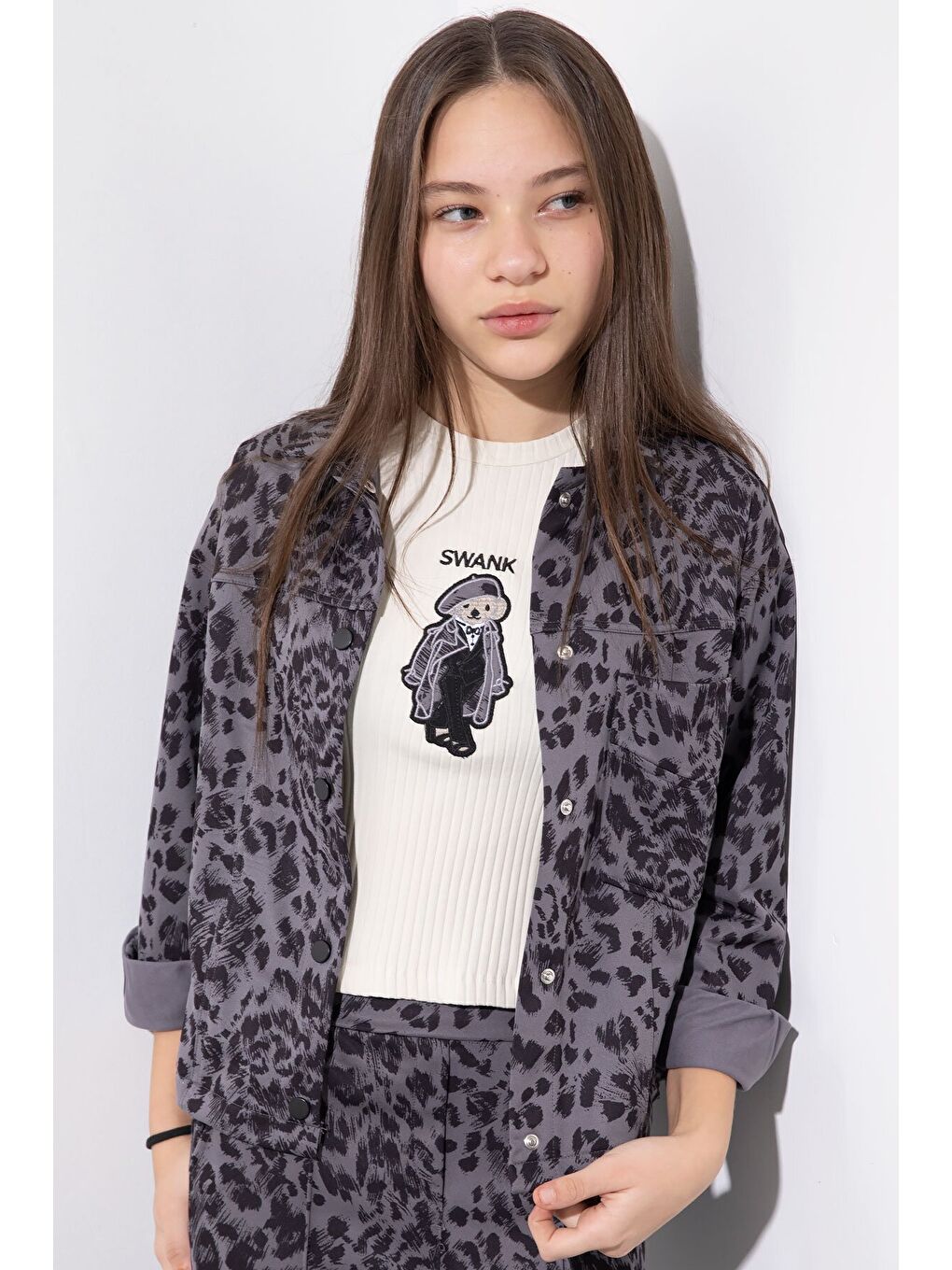 Antrasit Leopar Desenli Ceketli ve Pantolonlu Kız Çocuk Badili 3lü Takım 23549-3