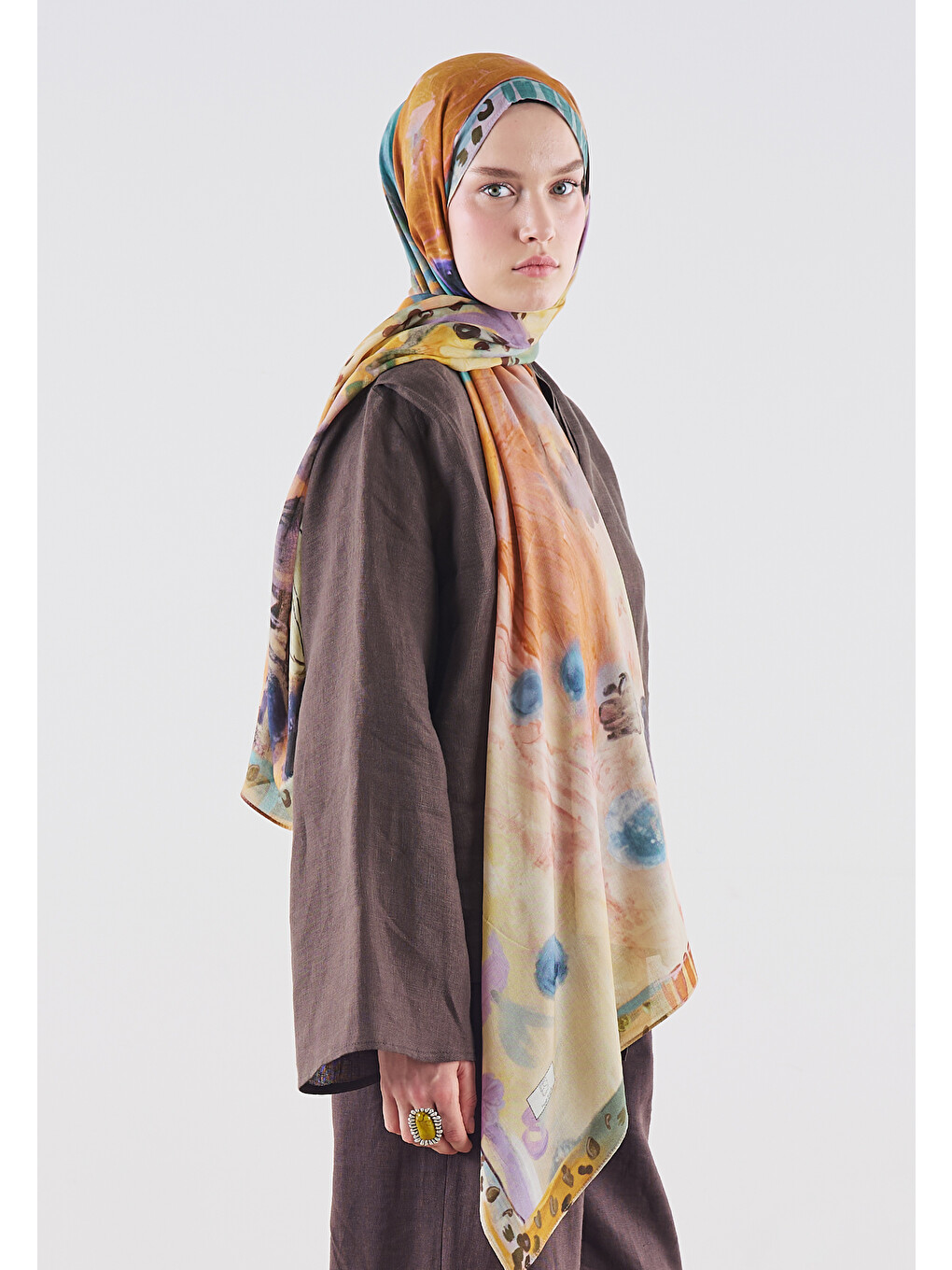 Pembe Playful Palette Desen Rami Viskon Şal Somon-3