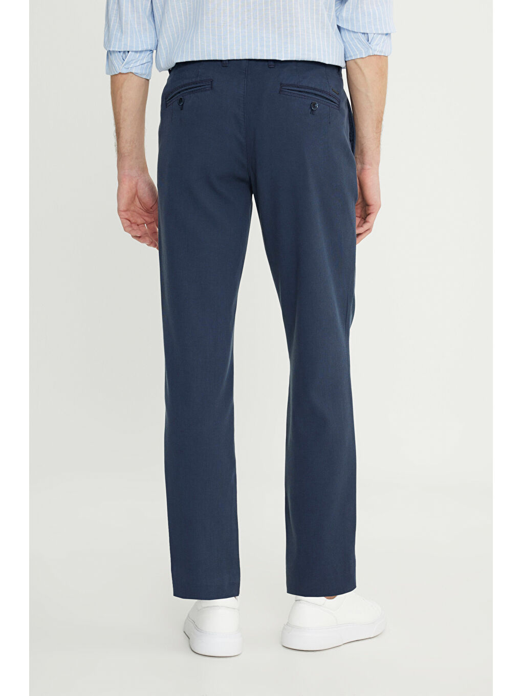 Erkek Lacivert Pamuklu Comfort Fit Yan Cepli Armürlü Casual Esnek Pantolon-4
