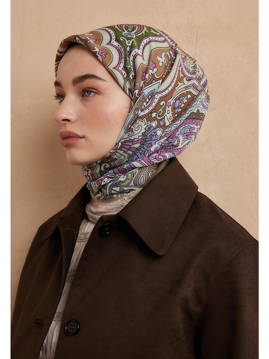 Pembe Ethnic Floral Desen Pamuk İpek Eşarp Orkide-3