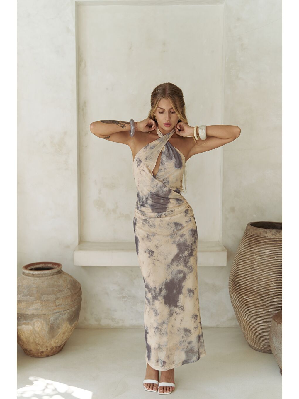 Keefnes Kruvaze Sarı Uzun Elbise