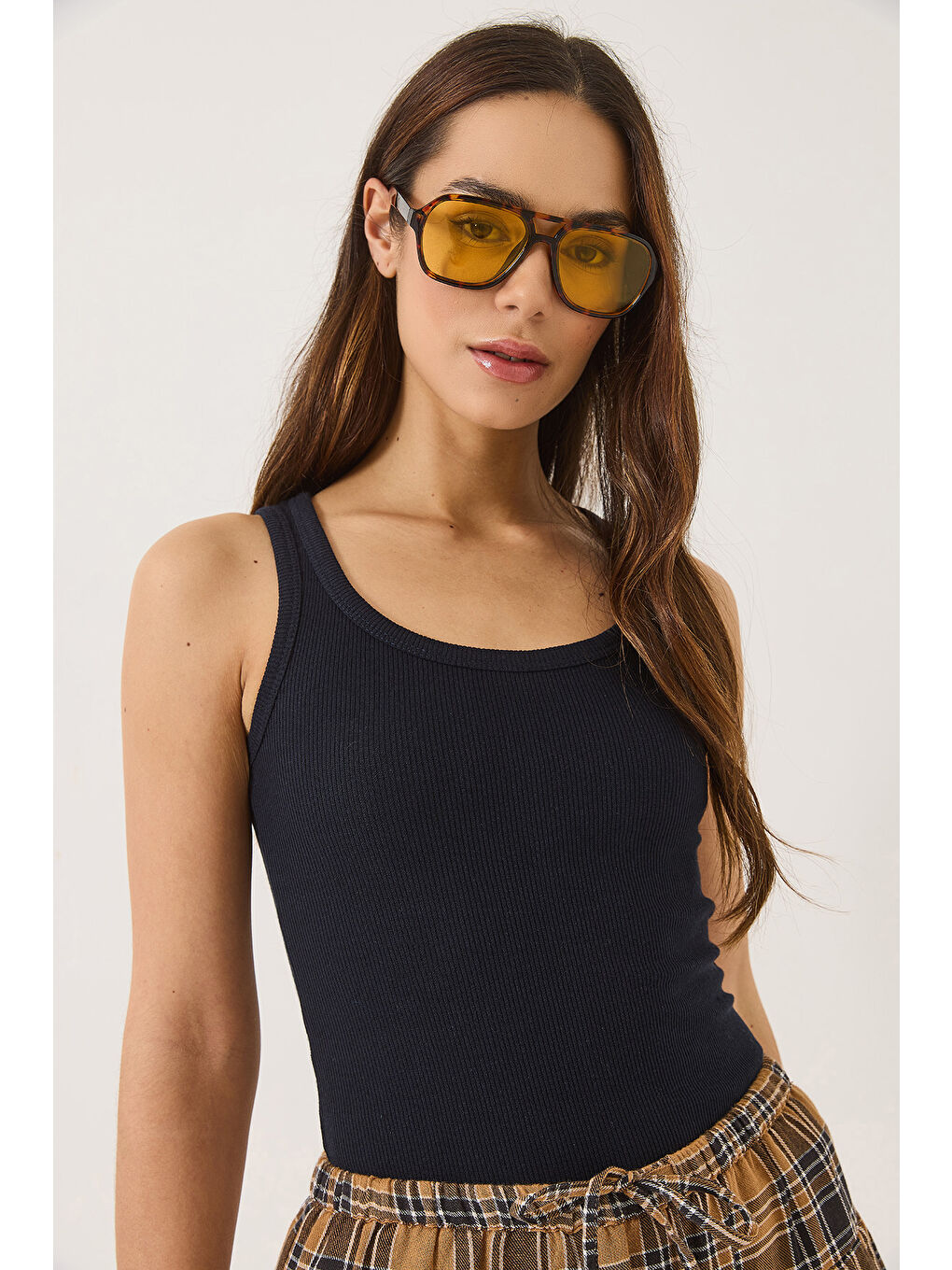 Lacivert Kadın Fitilli Görünümlü Kalın Askılı Kaşkorse Basic Atlet-3