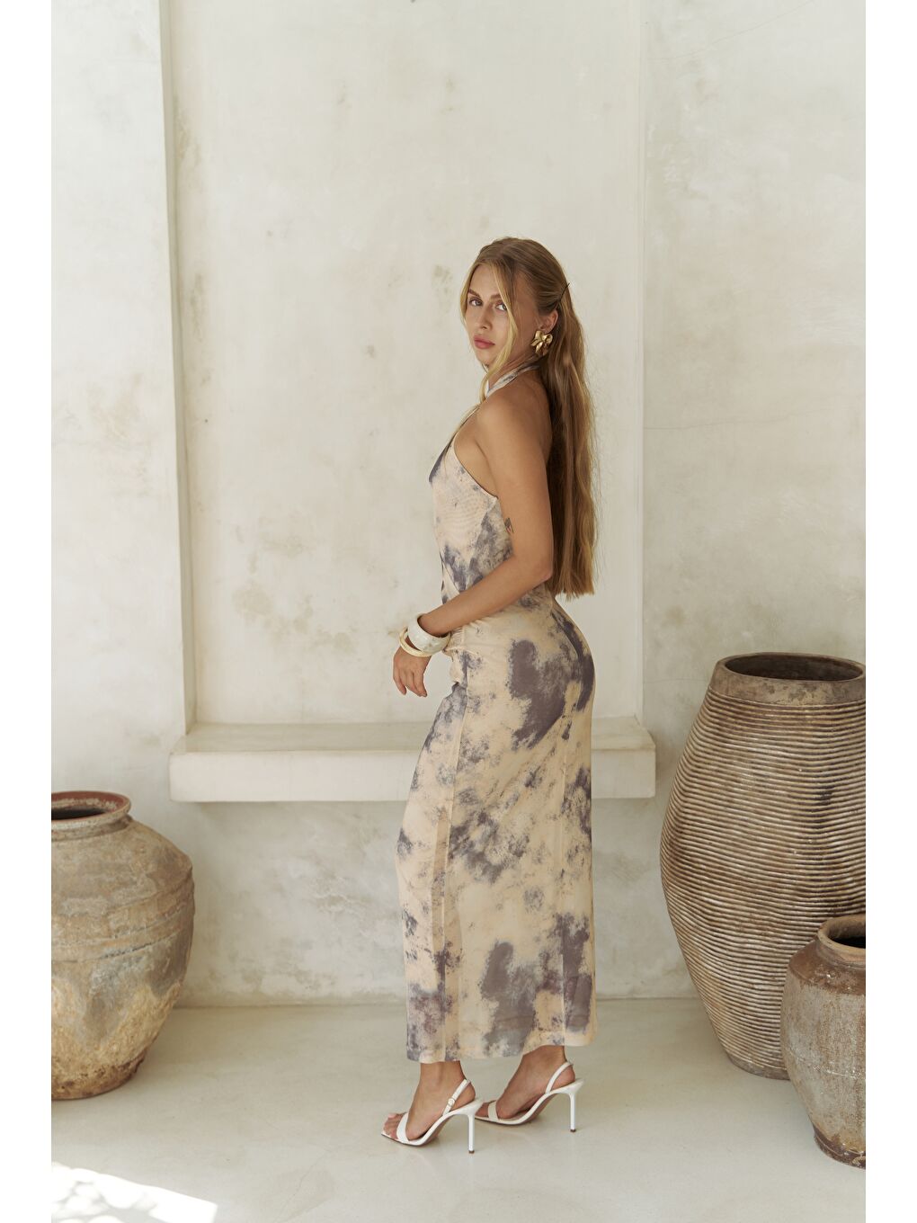 Keefnes Kruvaze Sarı Uzun Elbise-1