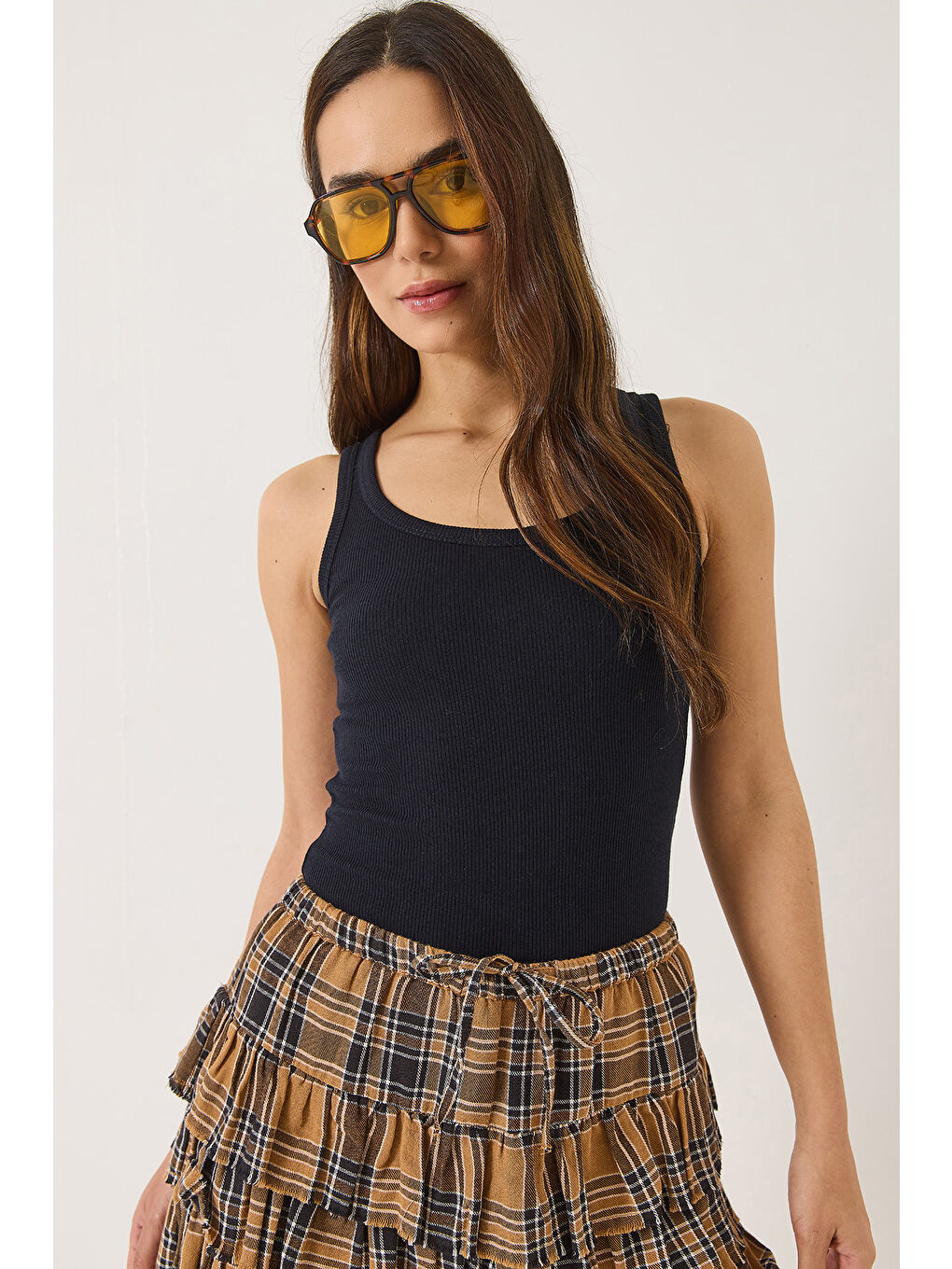 Lacivert Kadın Fitilli Görünümlü Kalın Askılı Kaşkorse Basic Atlet-4