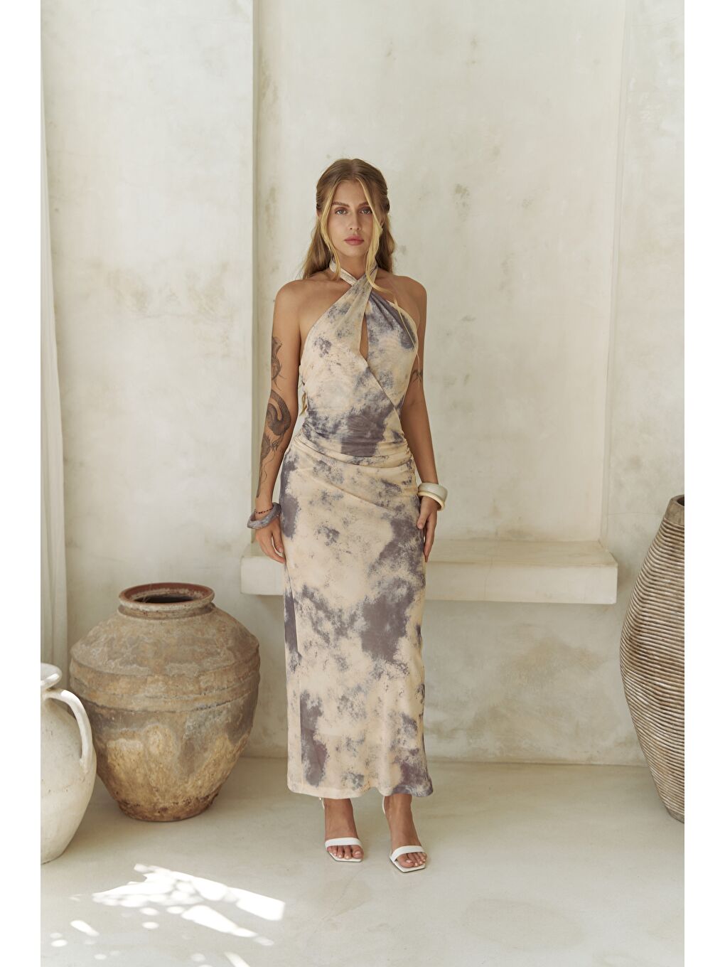 Keefnes Kruvaze Sarı Uzun Elbise-2