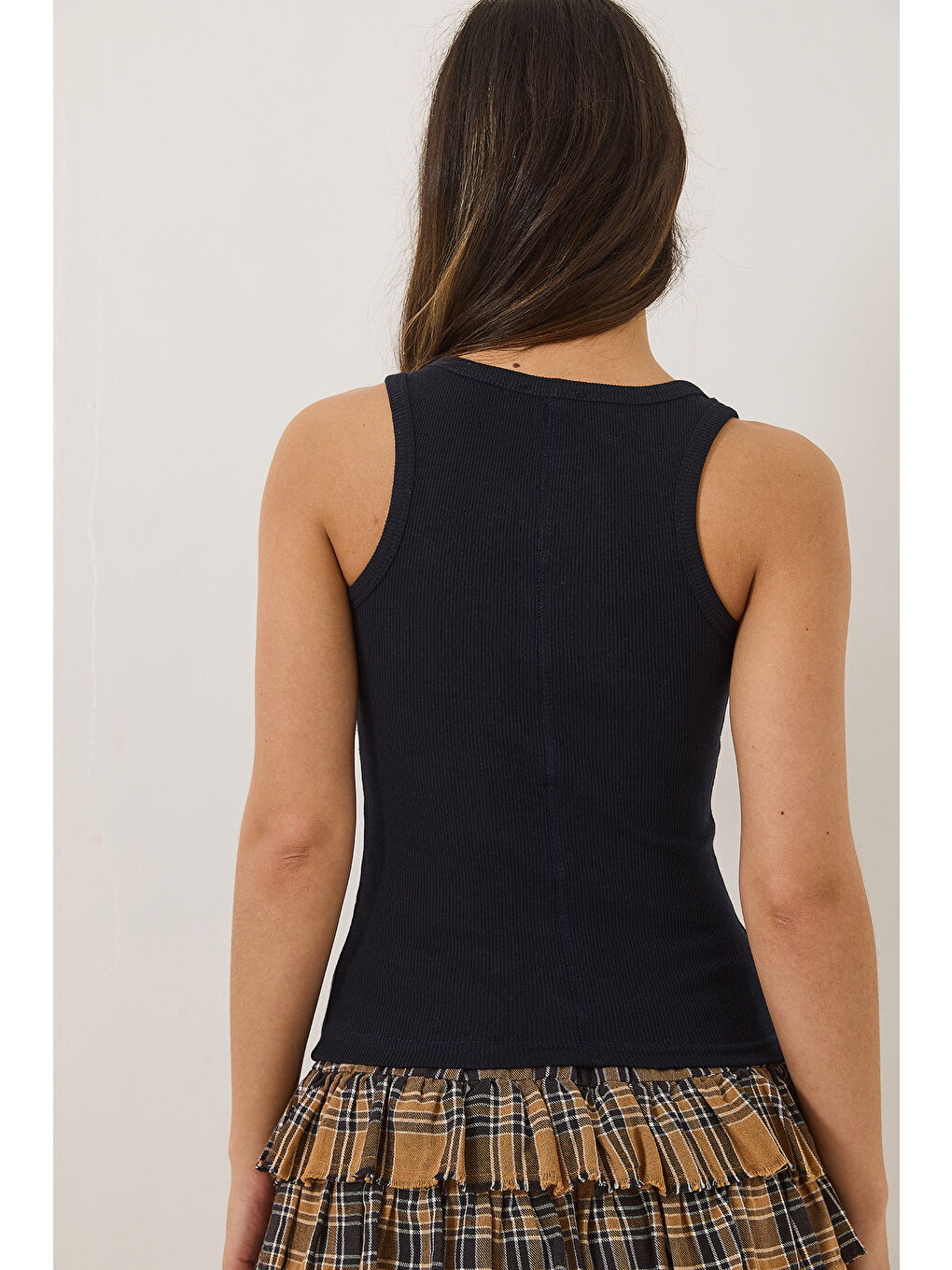 Lacivert Kadın Fitilli Görünümlü Kalın Askılı Kaşkorse Basic Atlet-6