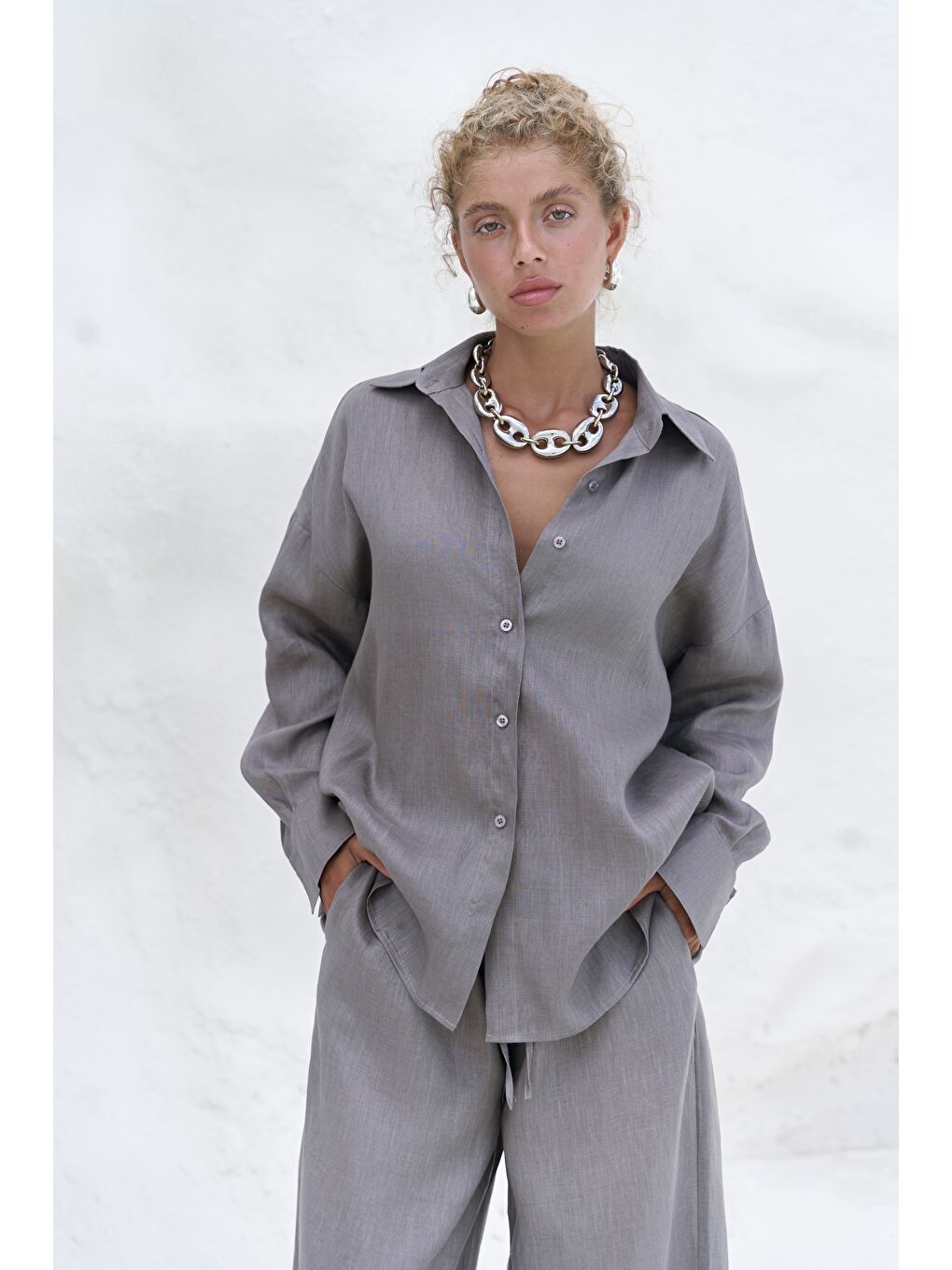 Gri Jelsomina Oversize Füme Keten Gömlek Pantolon Takım