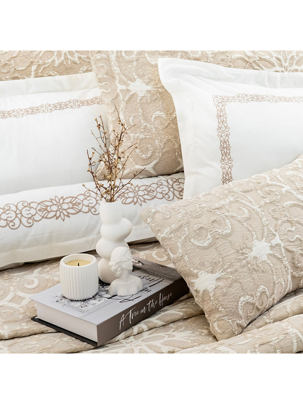 Home Amara Yatak Örtüsü Nevresim Seti 8 Parça-Bej-3