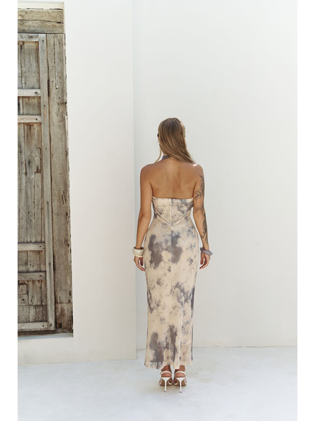 Keefnes Kruvaze Sarı Uzun Elbise-3