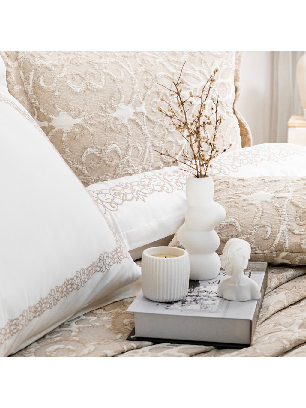 Home Amara Yatak Örtüsü Nevresim Seti 8 Parça-Bej-4