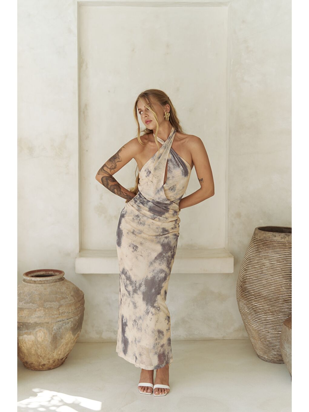 Keefnes Kruvaze Sarı Uzun Elbise-4