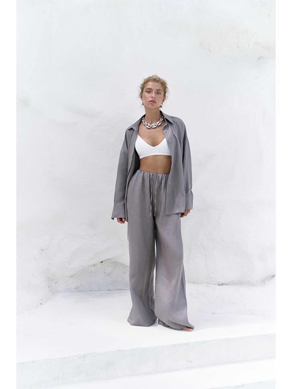 Gri Jelsomina Oversize Füme Keten Gömlek Pantolon Takım-1