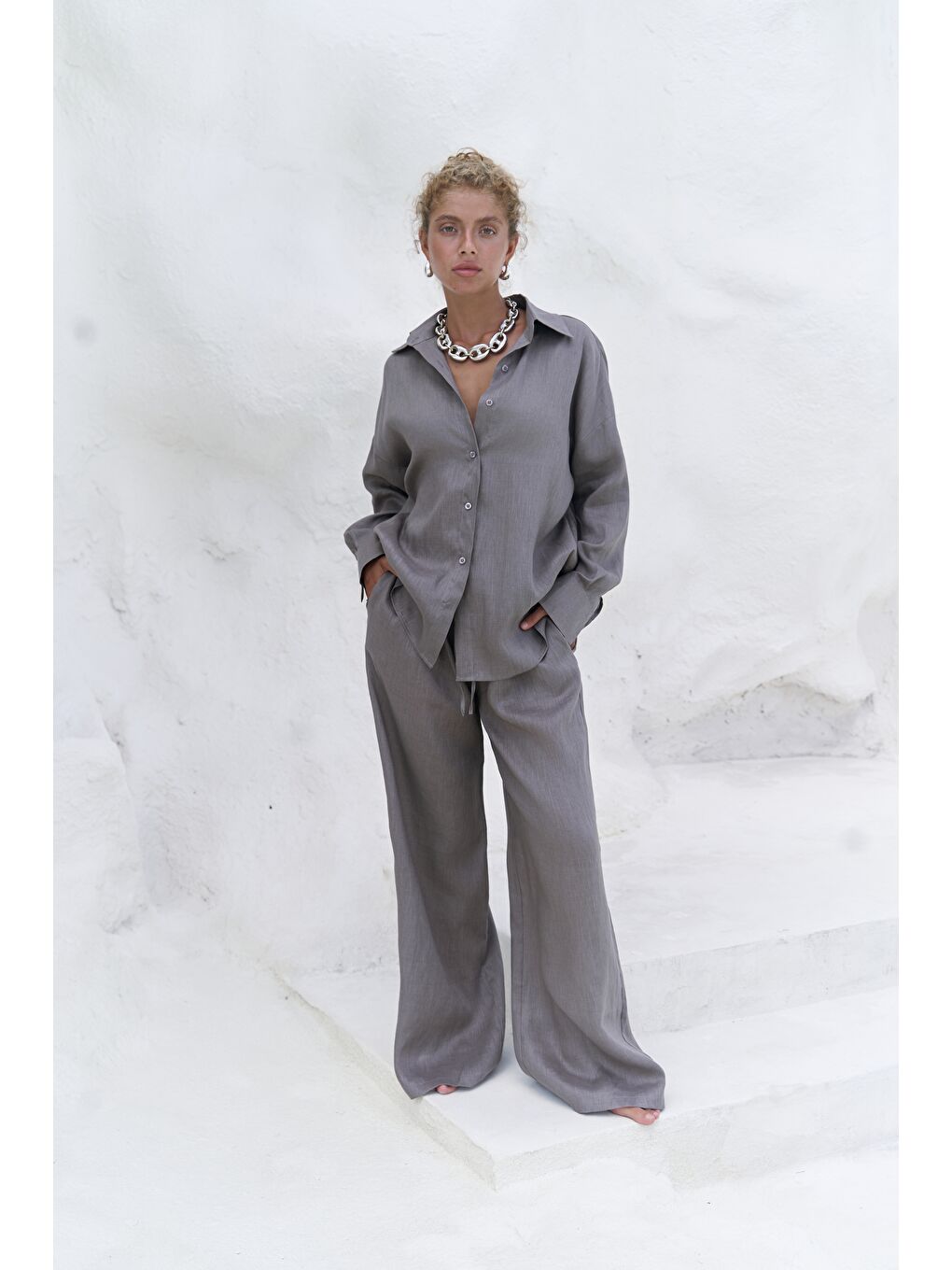 Gri Jelsomina Oversize Füme Keten Gömlek Pantolon Takım-2