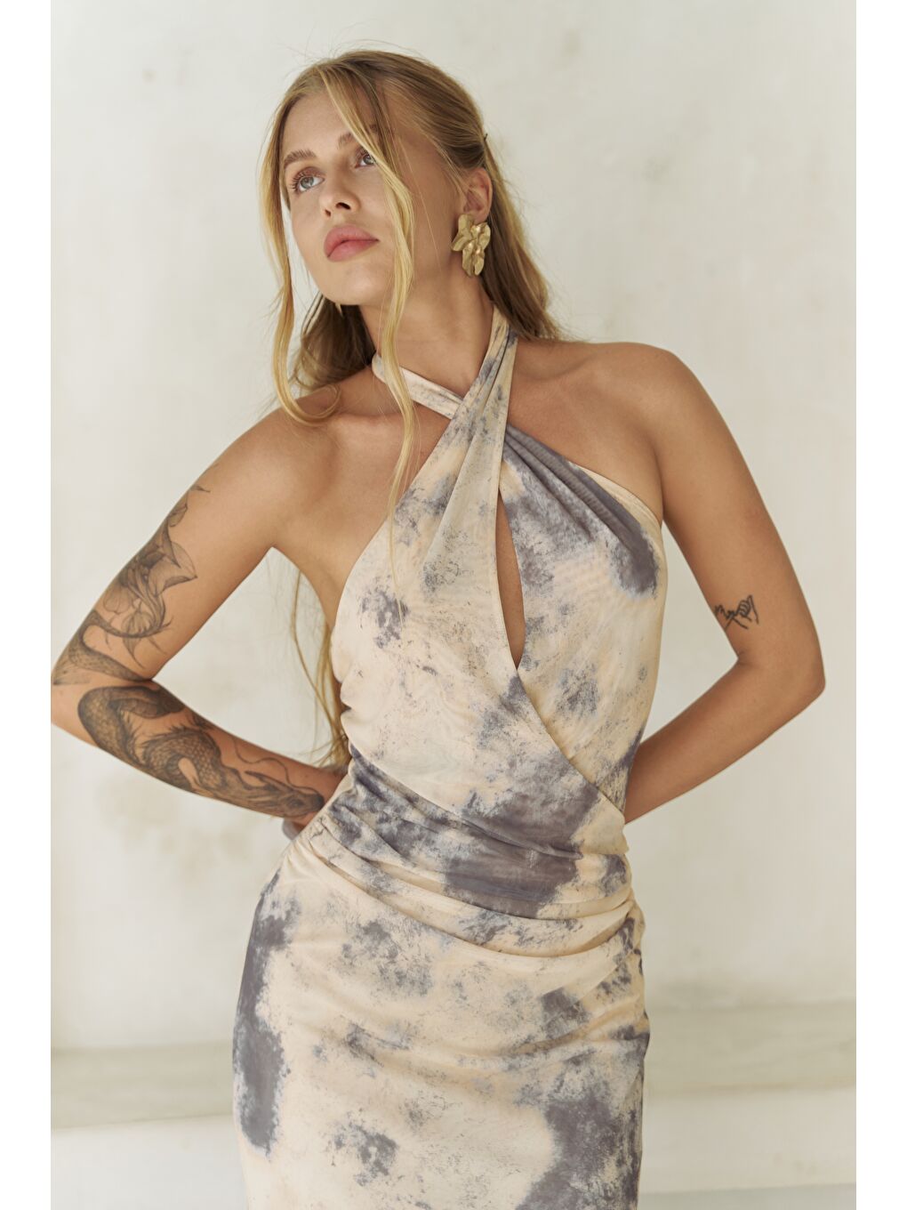 Keefnes Kruvaze Sarı Uzun Elbise-5