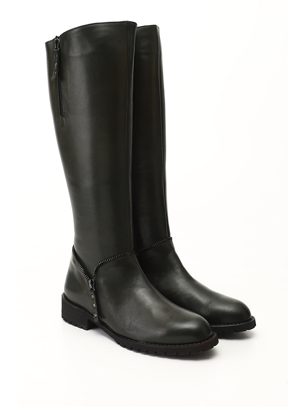 Kadın HAKİ-YEŞİL Fermuarlı Kauçuk Taban Hakiki Deri Çizme-1