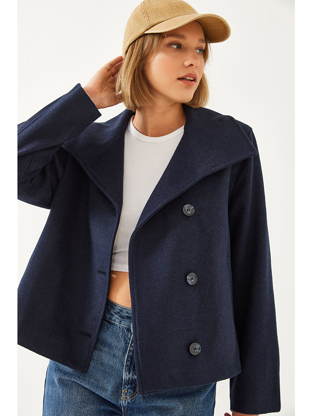 Lacivert Kadın Kruvaze Yaka Düğmeli Kaşe Ceket