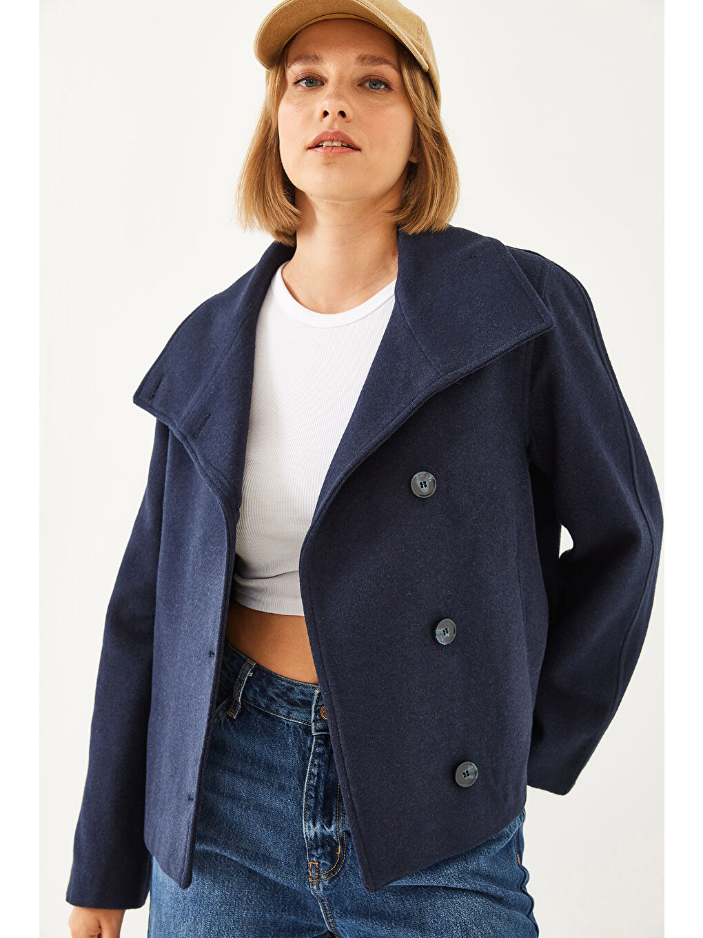 Lacivert Kadın Kruvaze Yaka Düğmeli Kaşe Ceket-1