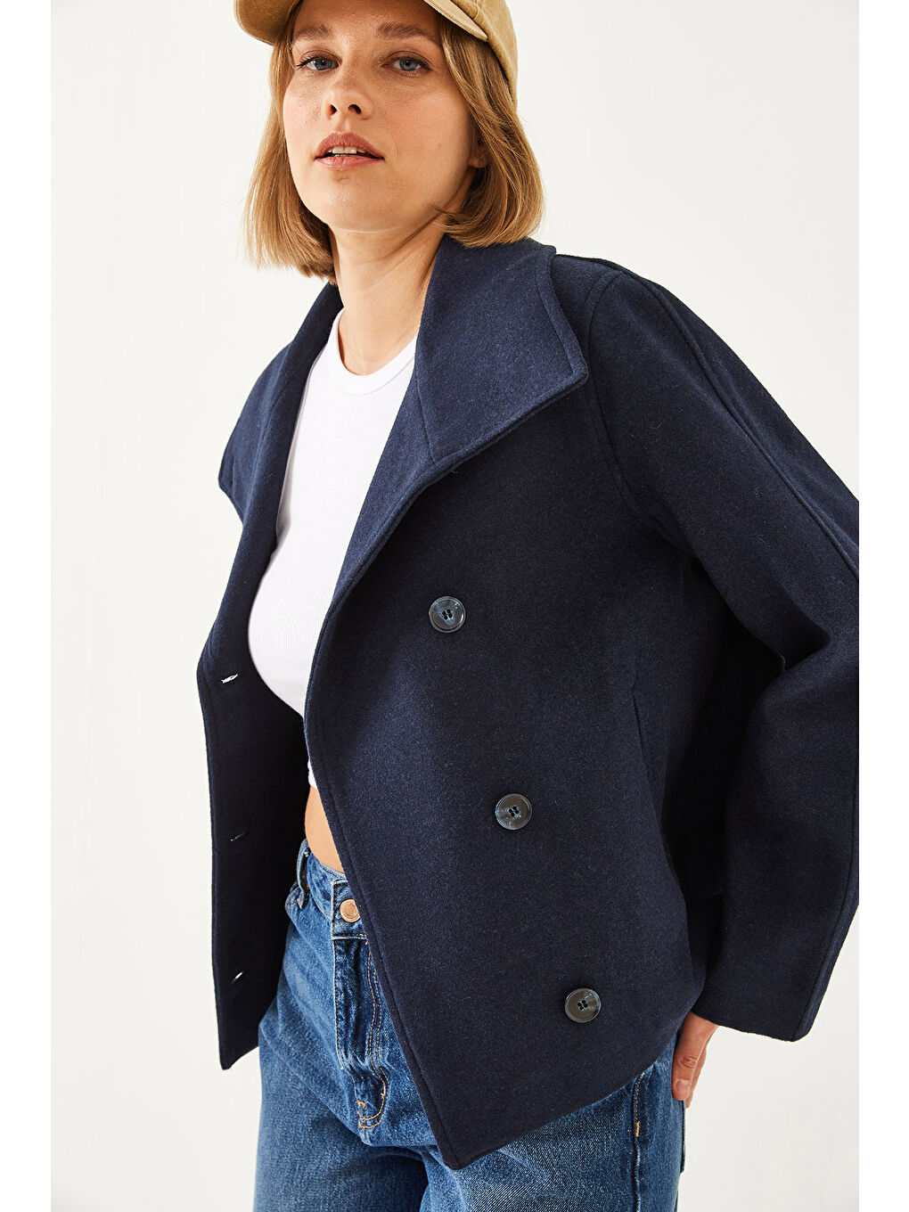 Lacivert Kadın Kruvaze Yaka Düğmeli Kaşe Ceket-2