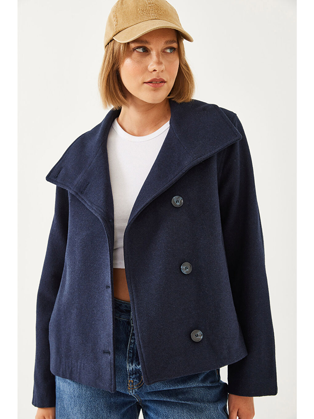 Lacivert Kadın Kruvaze Yaka Düğmeli Kaşe Ceket-3